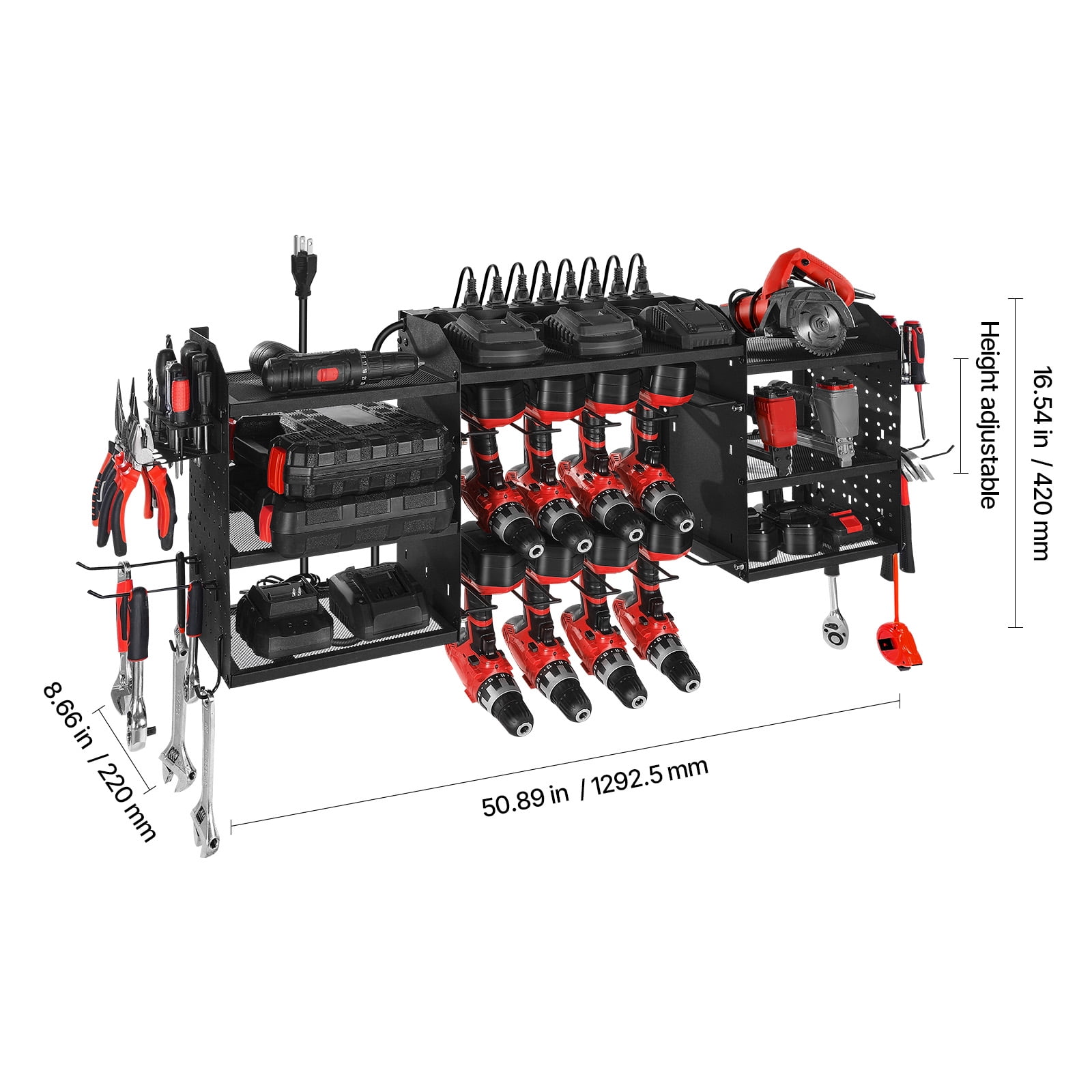 VEVOR Power Tool Organizer with Charging Station, 3-Layer Power Tool Battery Storage Rack with 5.58 ft Power Strip, 8 Drill Holders & 8 Outlets, Garage Tool Organizer for Garage, Workbench, Workshop