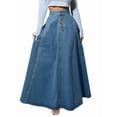 thumbnail image 2 of Women'S Retro High Waisted Button Fly Flared Long Pleated Flowy Swing A-Line Denim Maxi Skirts Dark Blue S, 2 of 10