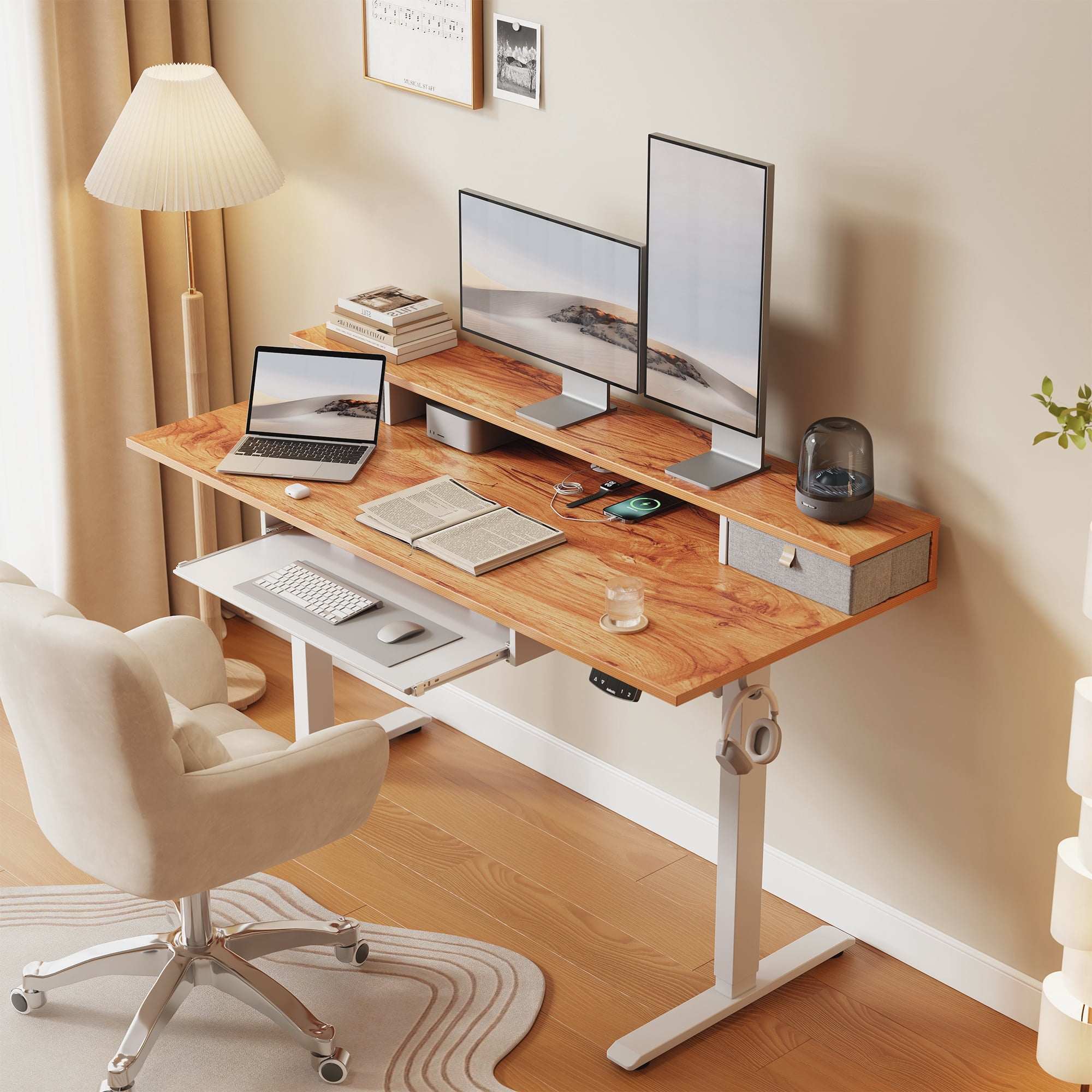 47.2 Inch Electric Standing Desk with 2 Drawers & Keyboard Tray, Adjustable Home Office Desk Ergonomic Sit to Stand Computer Desk with Hooks for Gaming & Work,Light Rustic Brown