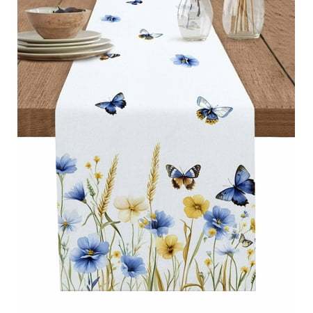

Butterflies Floral Table Runner Country Plants Wildflower Leaves Tablerunners 13 x 36 Inch Table Decorations Tabletop Scarf for Summer Gathering Holiday Farmhouse Kitchen Dining Decor