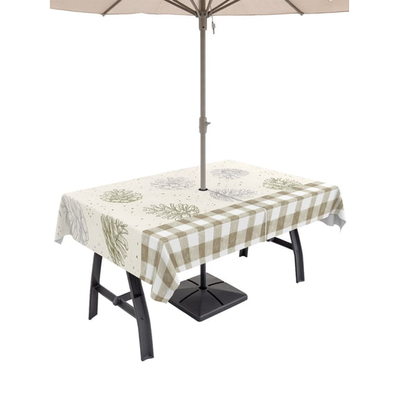 52x70 Inch Outdoor Tablecloth with Umbrella Hole Zipper Rectangle Sage Green Pine Cones Rectangular Tablecloths Waterproof Modern Art Checkered Farmhouse Patio Table Cloth Cover for Picnic Party