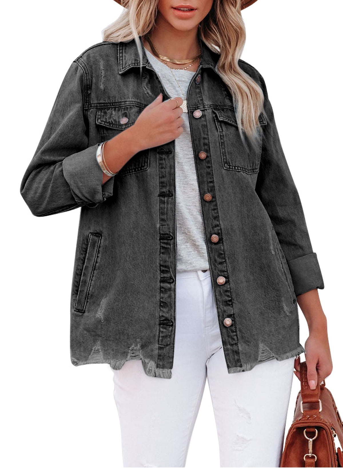 Acelitt Denim Jacket for Women Ripped Raw Hem Denim Jacket Classic