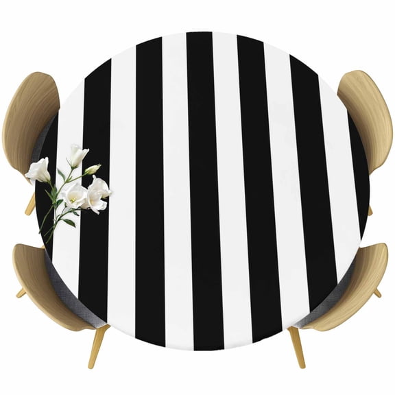 Black And White Stripes Fitted Round Tablecloths Elastic Edged Table Covers 55"-60",Waterproof Table Cloth for Kitchen Holiday Party Tables Decor