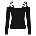 thumbnail image 5 of XFLWAM Women Spaghetti Straps Long Sleeve Ribbed Knit Top Off Shoulder V Neck Shirt Cold Shoulder Solid Color Slim Blouse Black 3XL, 5 of 6