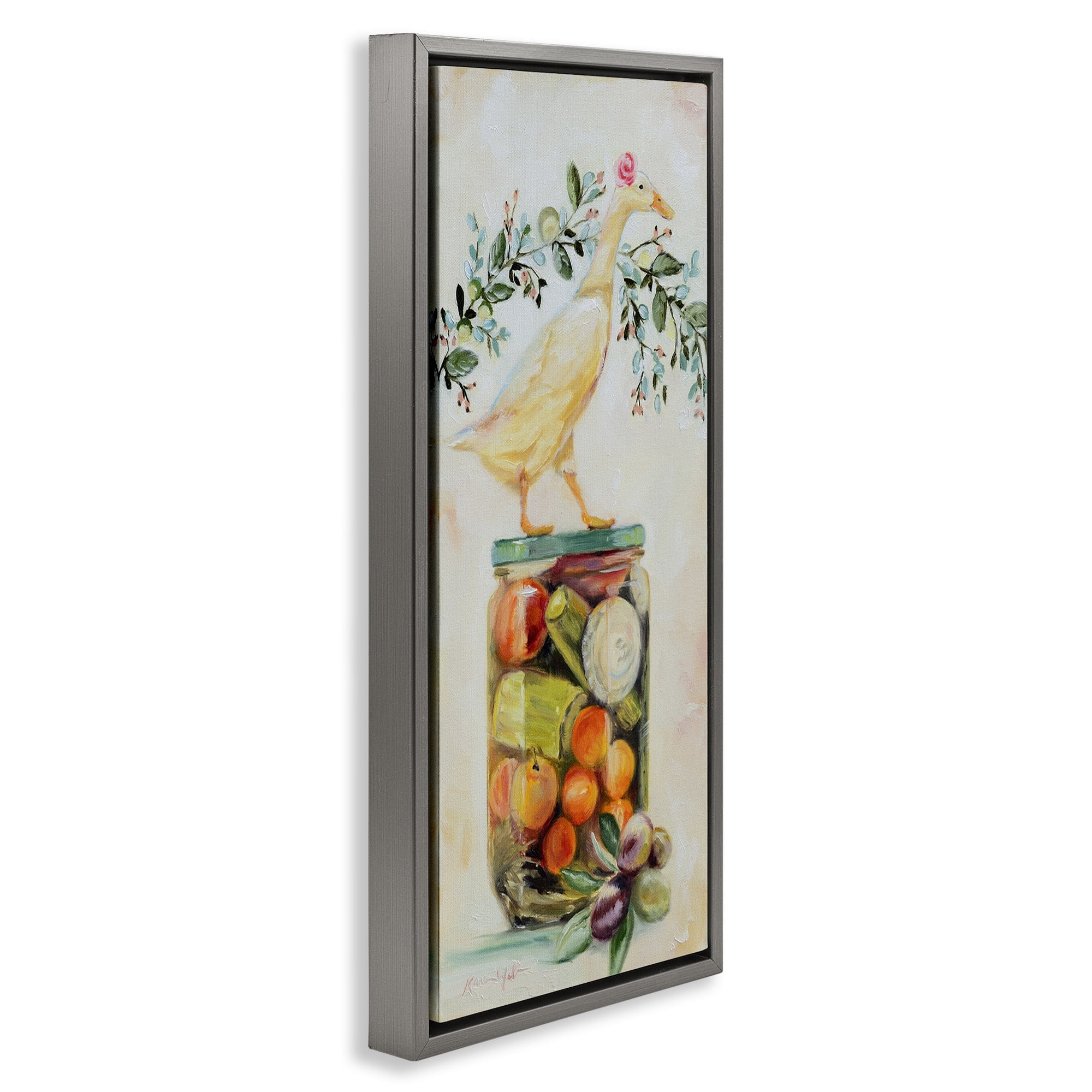 Stupell Industries Charming Goose on Vegetable Jar Animals & Insects Painting Gray Floater Framed Canvas Art Print Wall Art, 15 x 31