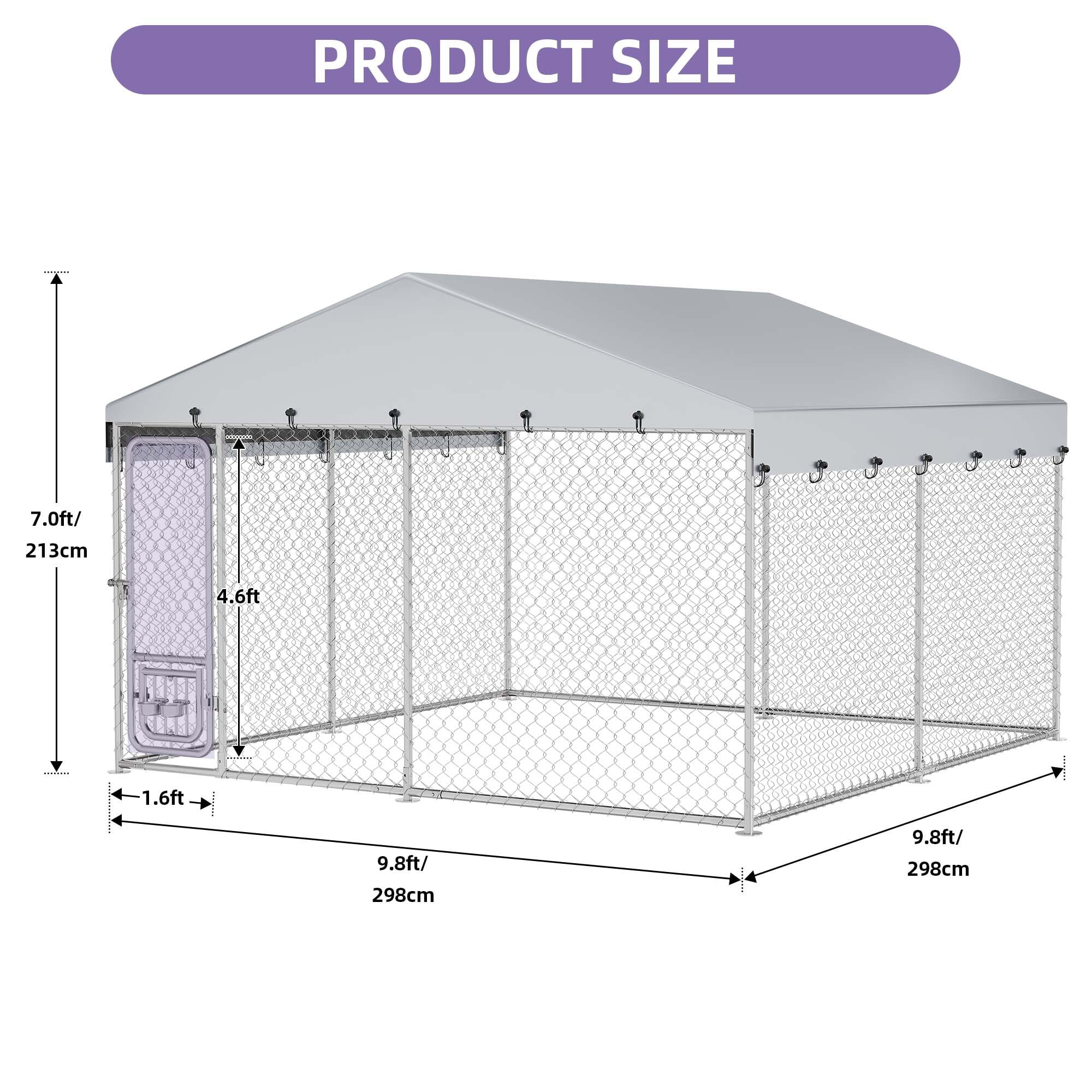 Uforic Large 10'x10' Heavy Duty Outdoor Dog Kennel with Rotating Feeder and Weatherproof Roof