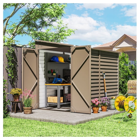 4.6' x 9' Outdoor Storage Shed, Metal Lean To Shed with Foundation, Lockable Doors, Brown