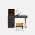 thumbnail image 2 of POVISON Mid-century Modern Makeup Vanity Table Set, LED Mirror, Tempered Glass Tabletop, 5 Drawers, Stool, Smoked Wood Veneer, 47.2", Easy Assembly, 2 of 8