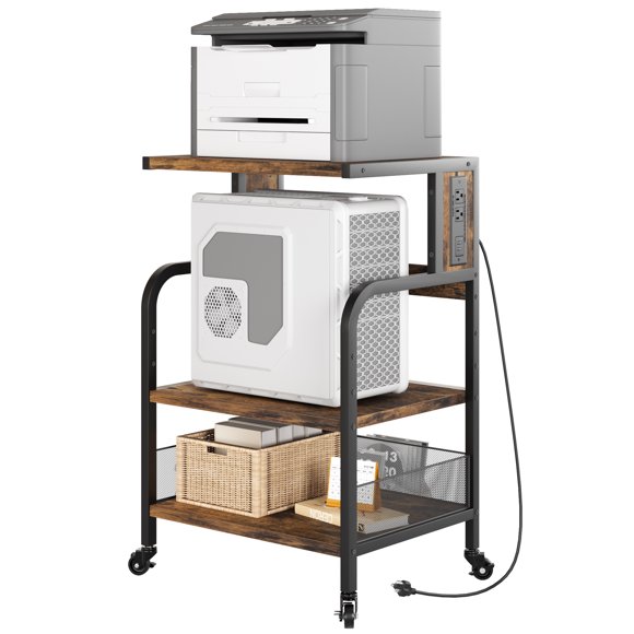 Alician Printer Stand, 23.6 x18.9 x 29.5 In Big Size Printer Table with Charging Station and Adjustable Shelf, 3 Tier Rolling Printer Cart with Wheels