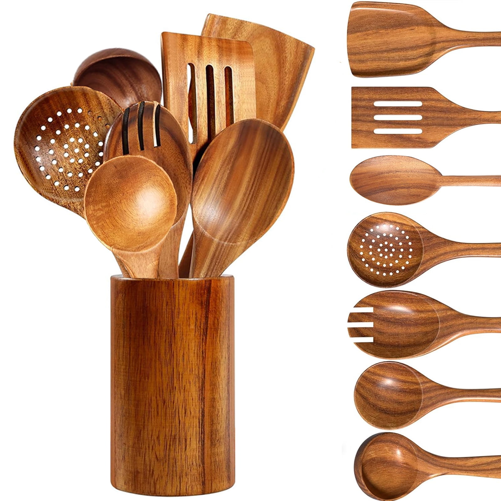Kisportee Wooden Spoons for Cooking, 8 Pcs Natural Teak Wooden Utensils Set, Non-Stick & Heat Resistant Durable Wood Kitchen Utensil Set