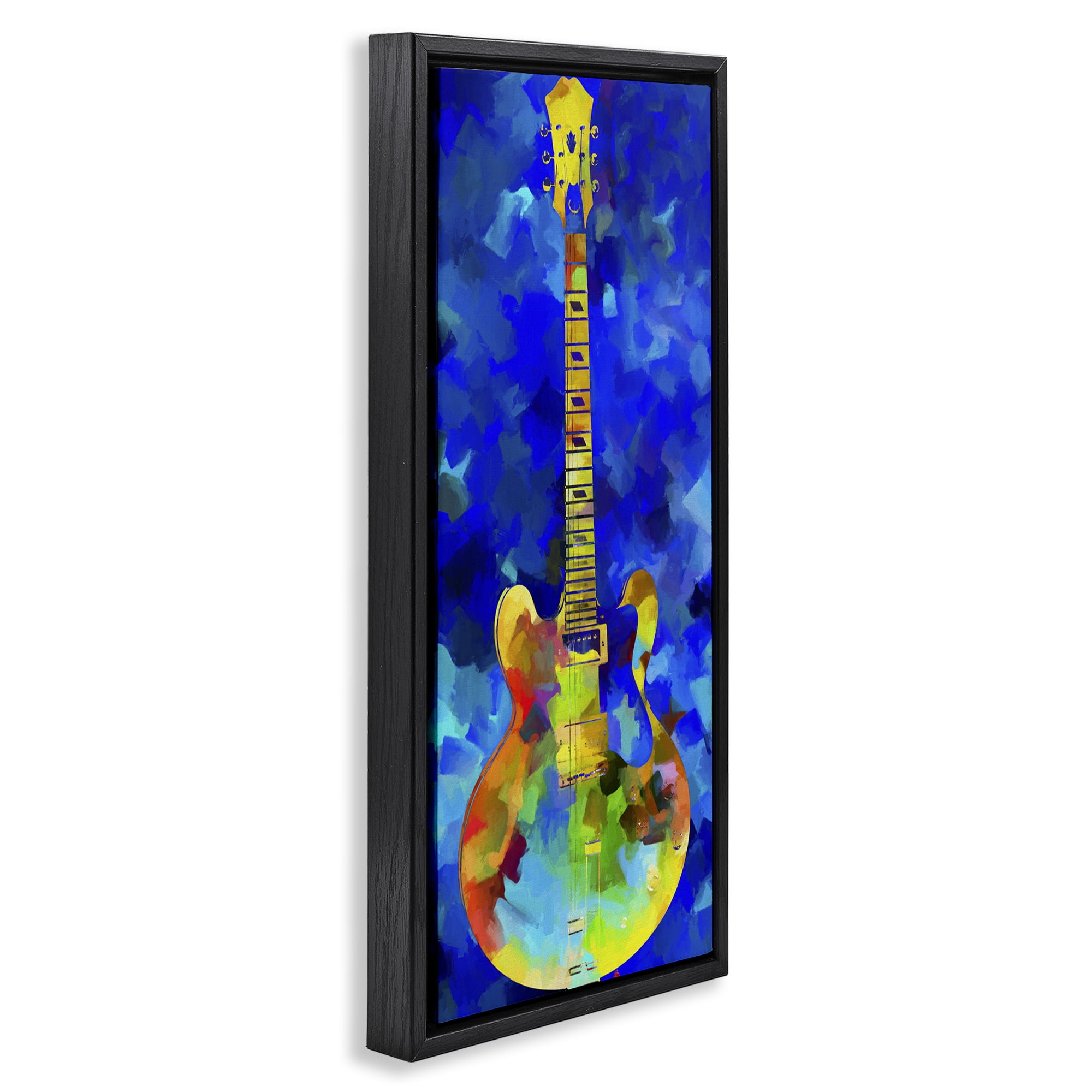 Stupell Industries Abstract Guitar on Blue Entertainment Painting Black Floater Framed Canvas Art Print Wall Art, 11 x 25