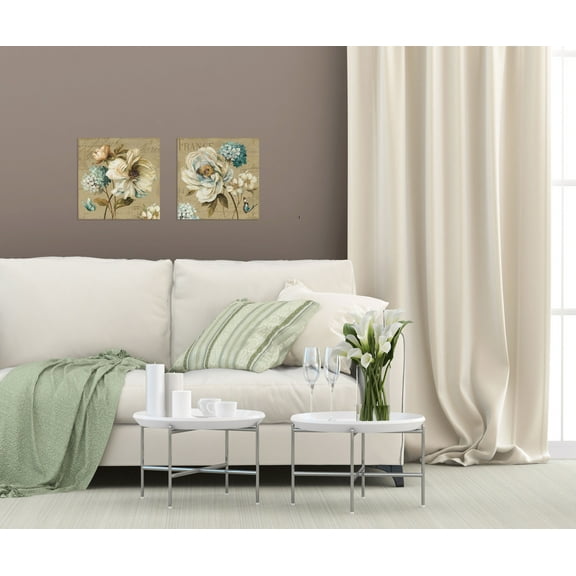 Gango Home Decor Classic Floral and Butterfly Wall Art ; Two Beige 12x12in Unframed Paper Prints