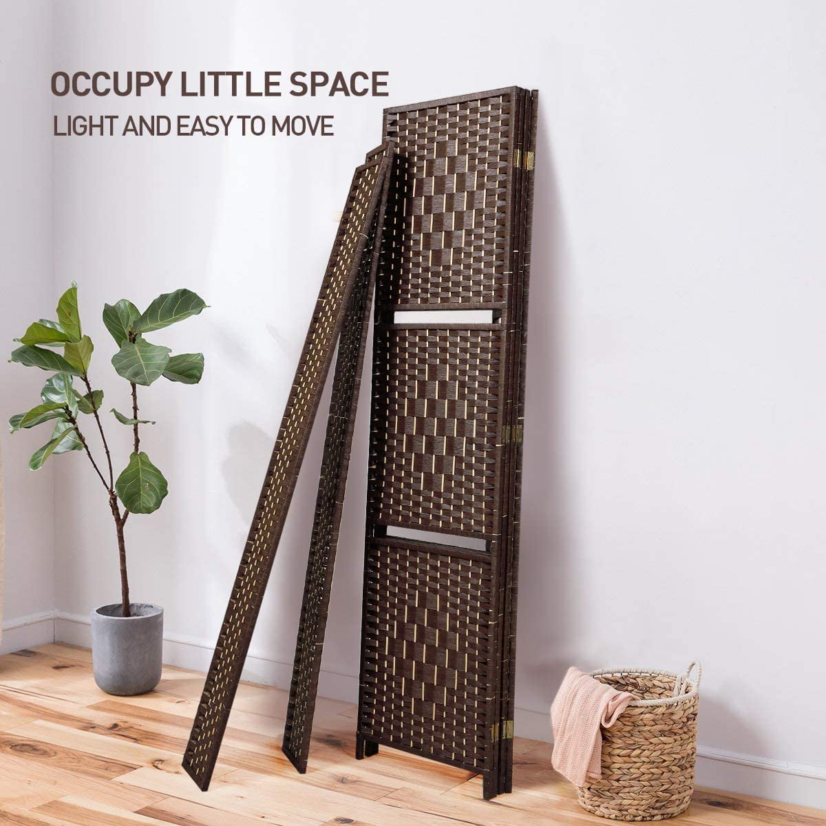 4-Panel Room Divider with 2 Partitions, 6ft Tall Folding Freestanding Privacy Screen for Living Room Bedroom Office, Dark Brown