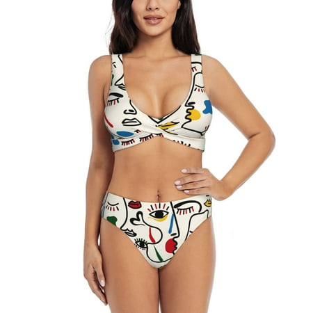 Zeuib Aabstract Eyes High Waisted Tummy Control Bikini Set - Knot Front Push Up Top & Cheeky Thong Bottom  Two-Piece Swimsuit for Women-Large