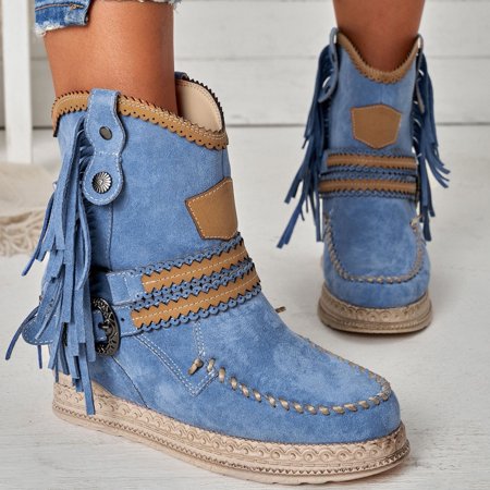 

Women Shoes Flat Heel Casual Retro Tassel Solid Color Pointed Zip Belt Buckle Knight Ankle Boots