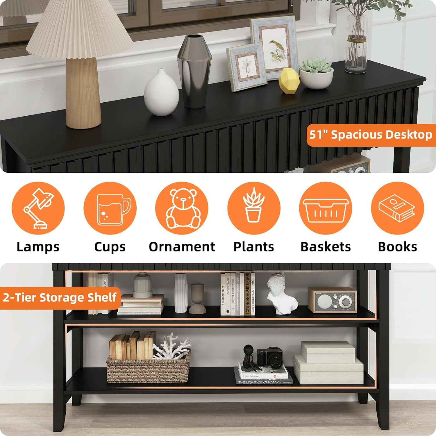 LAZZO Modern Fluted Console Table, Narrow Long Behind Couch Sofa Entryway Table with 3 Drawers & 2-Tier Open Shelf, Black