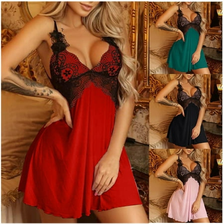Feancey Lace Sleepwear for Women Plus Size Wrap V-Neck Lingerie Nightgowns Soft Satin Nightwear Lounge Mini Sleep Dresses Red XL