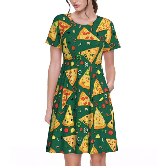 Bixox Robe d'Été à Manches Courtes pour Femmes Robe Ample Longueur Genou avec Poches-Pizza