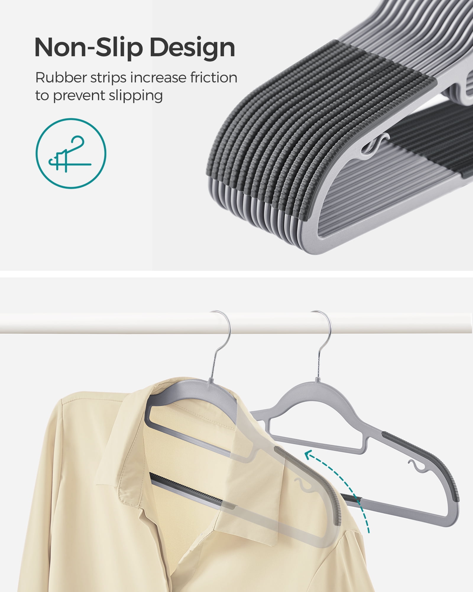 SONGMICS Pack of 60 Coat Hangers,Plastic Clothes Hangers, Non-Slip, 0.2 Inches, 16.5 Inches Wide, 360° Swivel Silver Hook, Light and Dark Gray