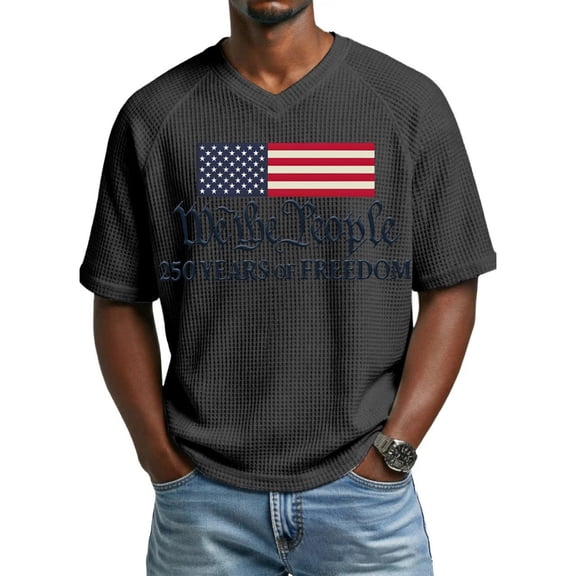 250 Anniversary Usa Shirt for Men Independence Day Patriotic Shirts V Neck Short Sleeve American Flag T Shirts Waffle Loose 1776 - 2026 Tees Black L