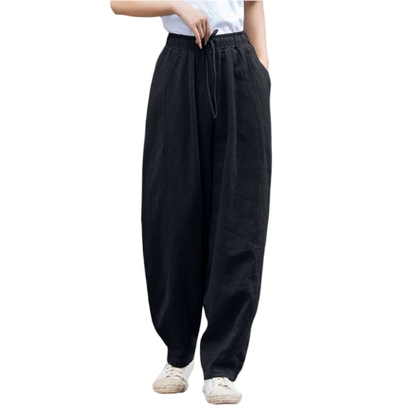 Women's Plus Size High Waisted Wide Leg Pants Casual Cotton Linen Feel Palazzo Trousers