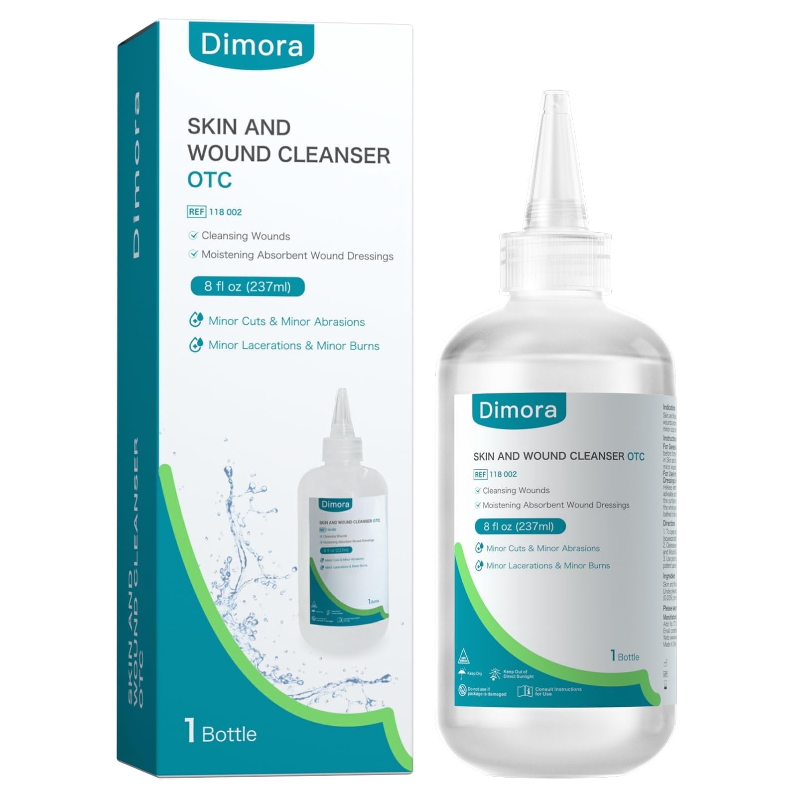 (2 pack) Dimora Skin and Wound Cleanser, OTC First Aid Antiseptic Cleanser,Moistening Absorbent Antibacterial Wound Dressings for Cuts, Abrasions, Lacerations, Burns, Skin Cleansing and Rinsing, 8oz, 237mL