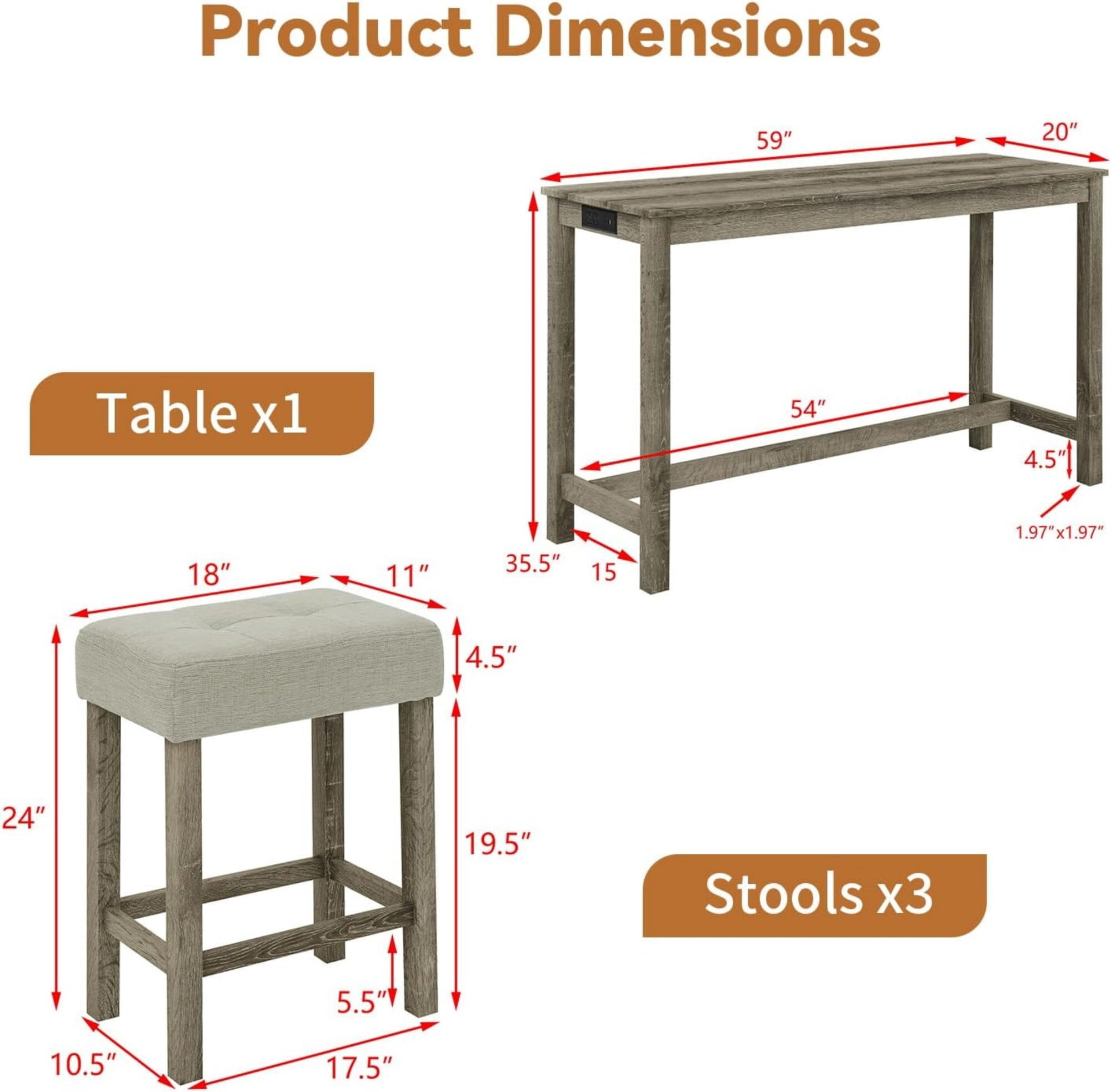 AENKYO 4-Piece Bar Table Set with Charging Station, 59" Counter Height Table and 3 Upholstered Stools for Small Space, Brown