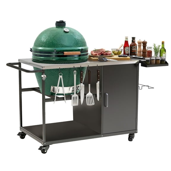 Birodeko Universal Heavy-Duty Grill Table for Big Green Egg (Small, Medium, Large), Mobile BBQ Prep Station with Stainless Steel Top & Storage Cabinet, Rolling Cart for Kamado Ceramic Grills