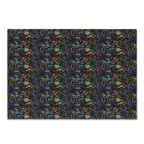 Colorful Cutting Board, Feminine Floral Composition Spring Nature Prospering Garden on Dark Background, Decorative Tempered Glass Cutting and Serving Board, Small Size, Multicolor, by Ambesonne