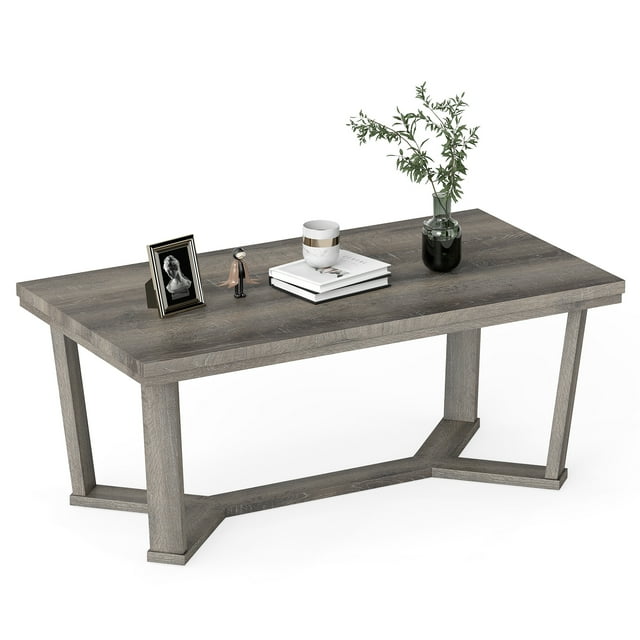 Gymax Coffee Table Solid Rubber Wood Center Table w/ Cross-Shaped Base Accent Table