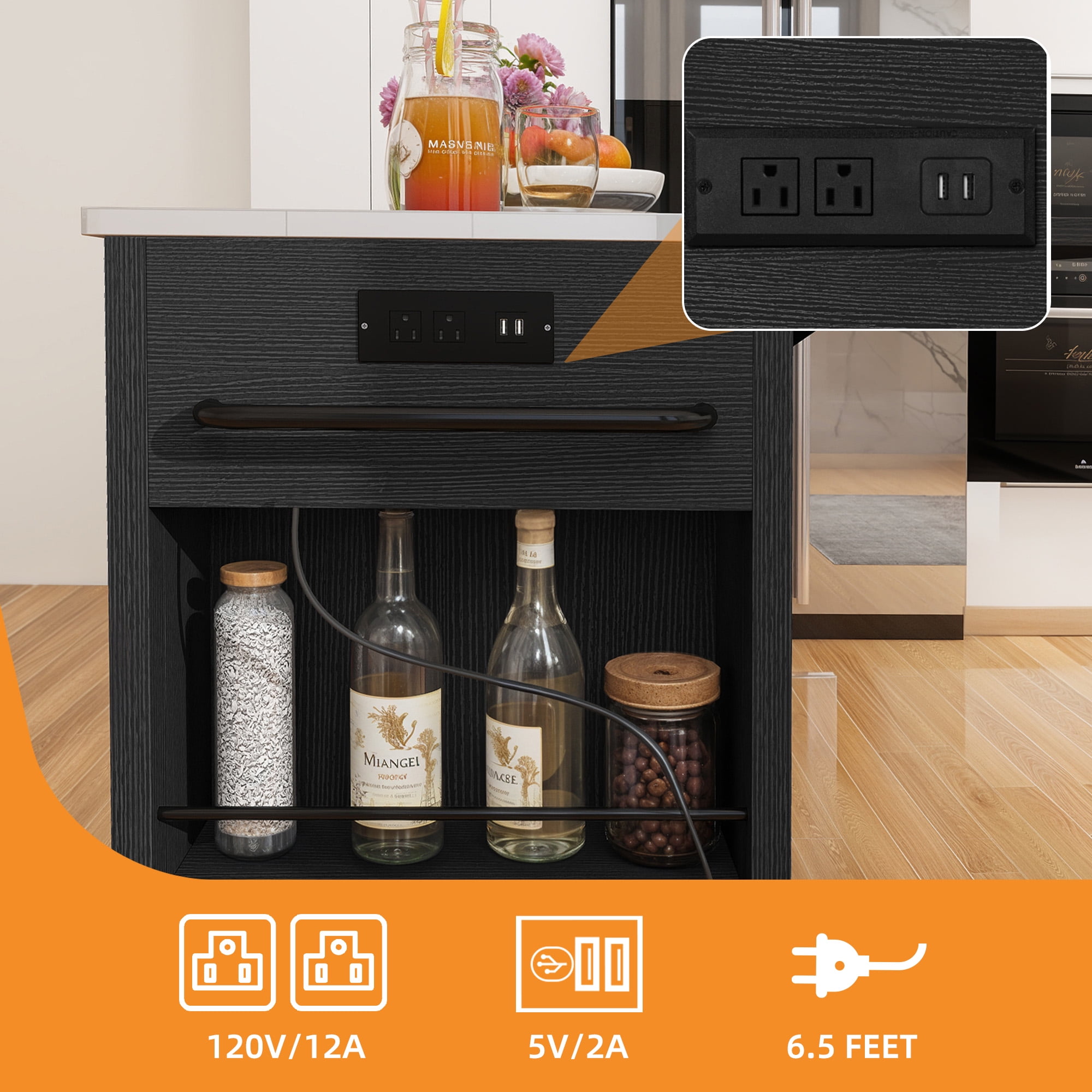 Craftian Kitchen Island Table with Storage & Power Outlet, Kitchen Island Cart with Drop Leaf, Black