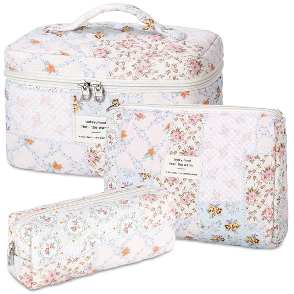 3PCS Cotton Quilted Floral Makeup Bag Set,Large Travel Cosmetic Toiletry Bag, Cute Aesthetic for Women Girls