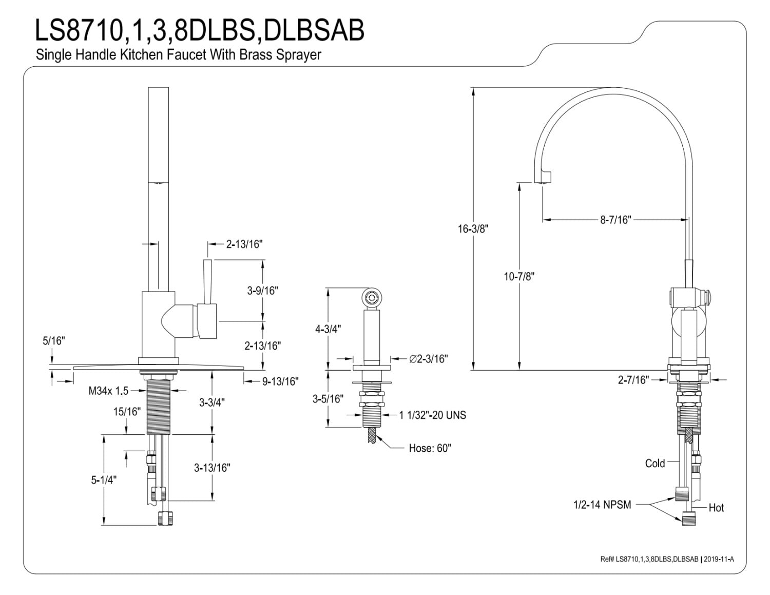 Kingston Brass LS8711DLBS Concord Single-Handle Kitchen Faucet with Brass Sprayer, Polished Chrome