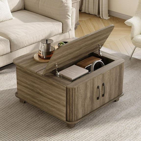 Lift Top Coffee Table with Storage, Farmhouse Square Coffee Table with 2 Flip-Tops and Hidden Compartment, Living Room Tables with Drawers and Adjustable Shelves, Wooden, Grey
