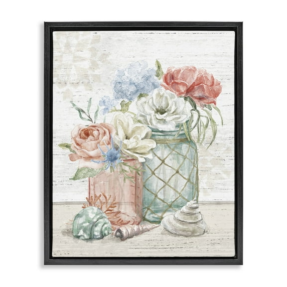 Stupell Industries Relaxed Nautical Jar Bouquets Nature Painting Black Floater Framed Canvas Art Print Wall Art, 17 x 21