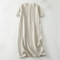 thumbnail image 6 of Tumotour Linen Fress For Women Solid Color Midi Dress V Neck Short Sleeve Causal Loose Tshirt Dresses Summer, 6 of 8