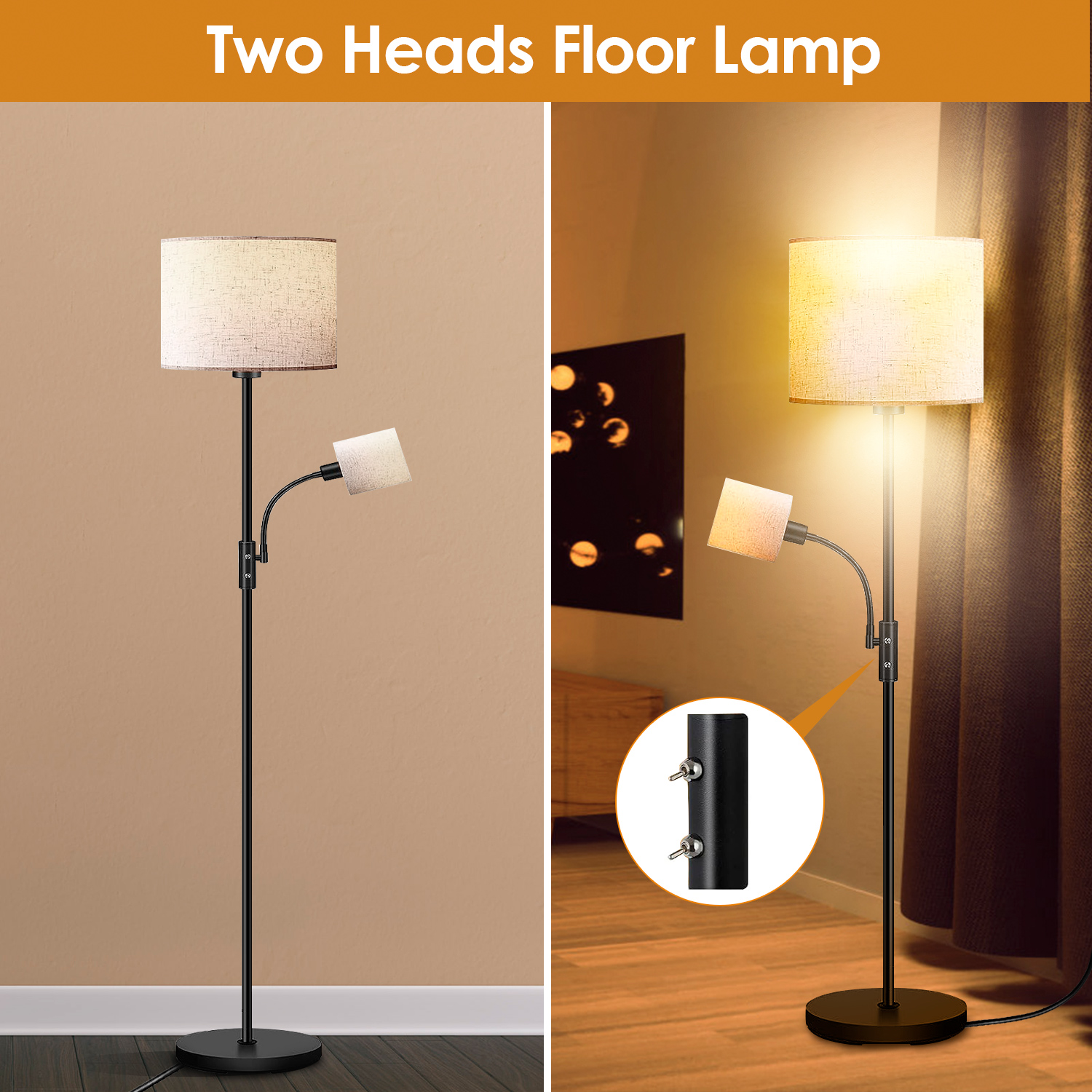 iMounTEK Floor Lamp, Tall Standing Lamp with Reading Light for Living Rooms & Offices, Modern Corner Lamp with Linen Shade, 3200K , Bulb Included, Grey