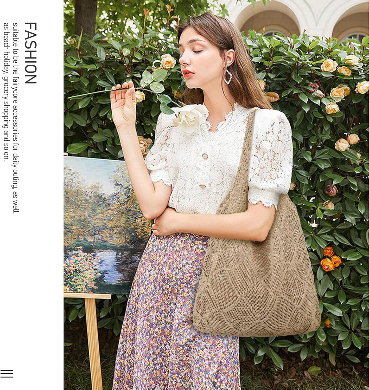 Crochet Bag for Women, Crochet Tote Summer Bag Mesh Large Shoulder Bag (Khaki 14 x 10 x 26.5in)