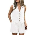 thumbnail image 2 of Women'S Summer 2 Piece Outfits Sleeveless Matching Sets Button Down V Neck Vest Waistcoat and Pockets Shorts White XL, 2 of 9
