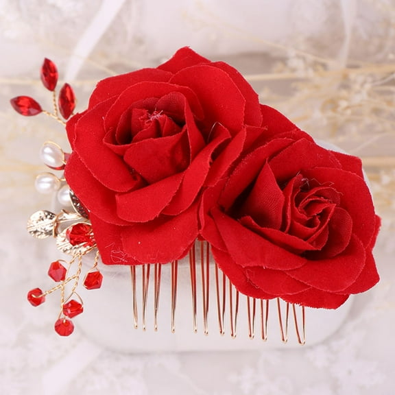 CRILSTYLEO 1Pc Red Rose Hairpin Simulation Flower Hair Comb Wedding Party Headpiece