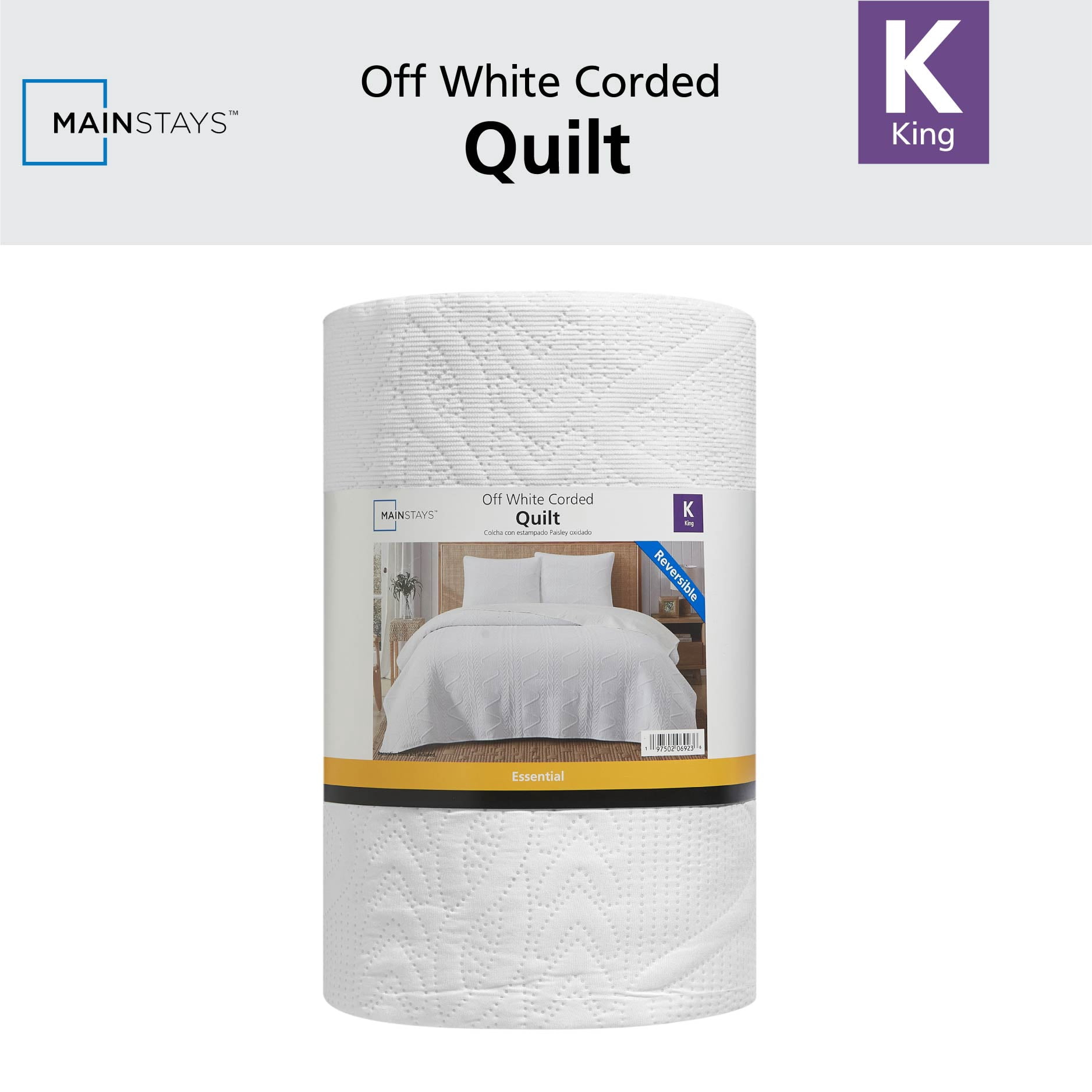 Mainstays Stitched Corded Quilt, White, King Bedding