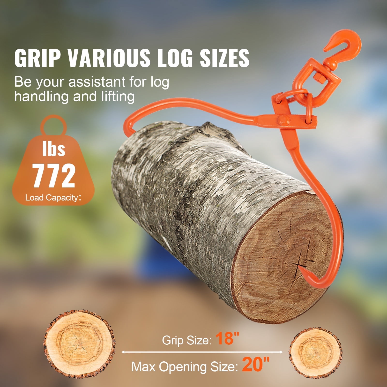 KFFKFF Log Skidding Tongs, 18 inch 2 Claw Log Lifting Tongs, Heavy Duty Rotating Steel Lumber Skidding Tongs, 772 lbs/350 kg Loading Capacity, Log Lifting, Handling, Dragging & Carrying Tool