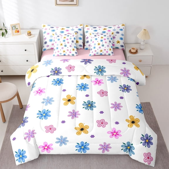 Feelyou Dreamy Flower Floral Twin Bedding Sets 7-Piece for Kids, Rustic Farmhouse Plant Bedding Comforter Set, Cherry Blossoms Reversible Sheet Sets, Super Cozy Room Decor