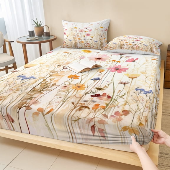 Twin Sze Fitted Sheet Set - Colorful Wildflower 2 Piece Bedding Sets 16" Deep Pocket Fitted Sheet with 1 Pillowcase, Botanical Vintage Floral Country Retro Brushed Microfiber Hotel Luxury Bed Sheets