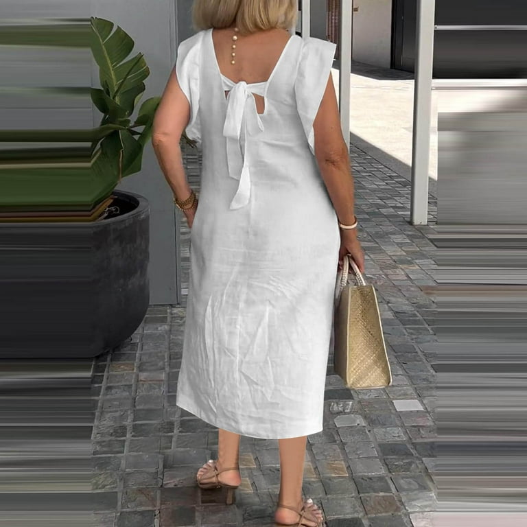 DJskiyers Casual Dresses For Older Women 2024 V Neck Linen Dress Ruffle  Sleeve Comfy Dress Plus Size Long Dress - Walmart.com