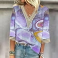 thumbnail image 2 of Women's Summer Clothes Spring Elegant Shirts Tie Dye Floral Print Y2K Tops Dressy Casual Lace V Neck Blouse Fashion 2024 Vintage 3/4 Sleeve Tunic Tops for Lady Loose Fit Flowy Purple T Shirts M, 2 of 5