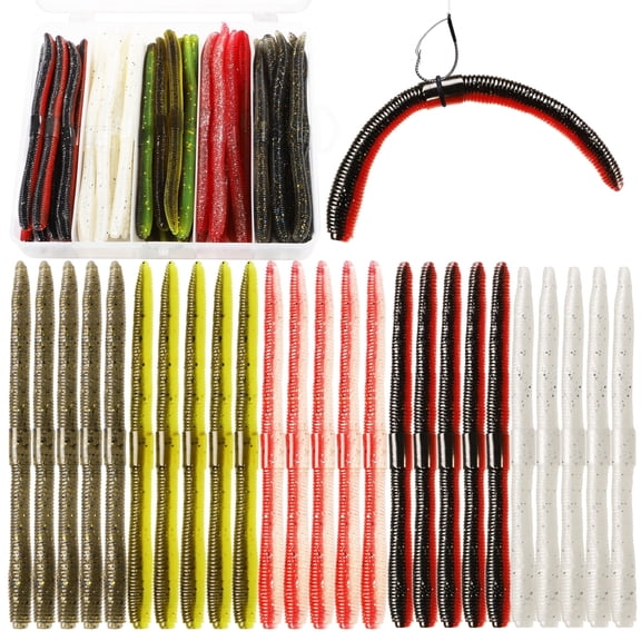 Wacky Worm Kit 50PCS Soft Plastic Fishing Worms Lures for Bass Trout Wacky Texas Rig Baits