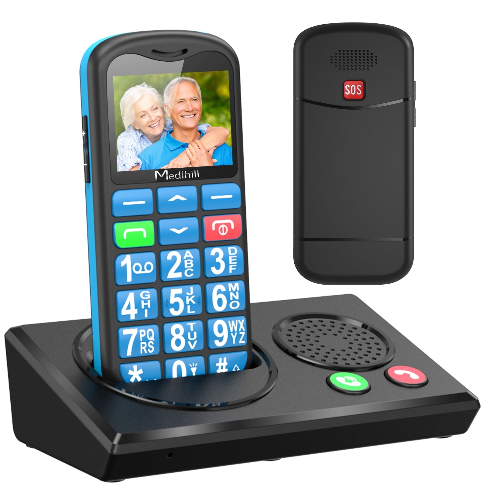 Big Button Mobile Cell Phone SOS for Elderly Senior with Base (Blue) - Medihill