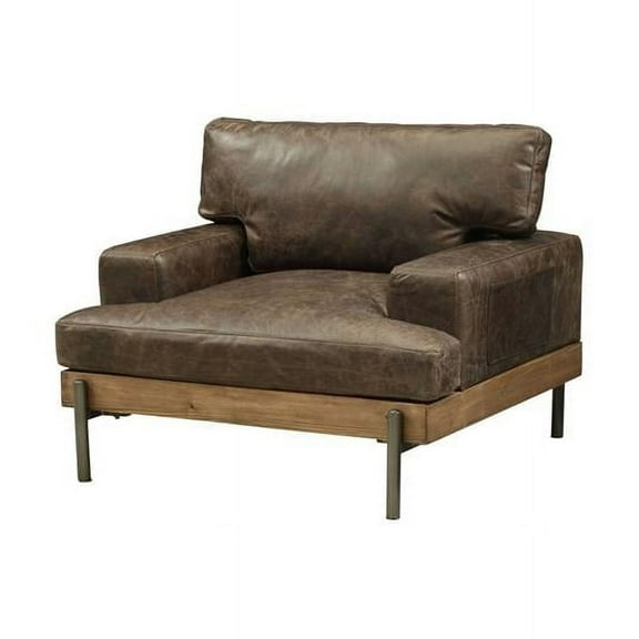 Home Roots  Chair In Distressed Chocolate Top Grain Leather - Oak Wood Trim