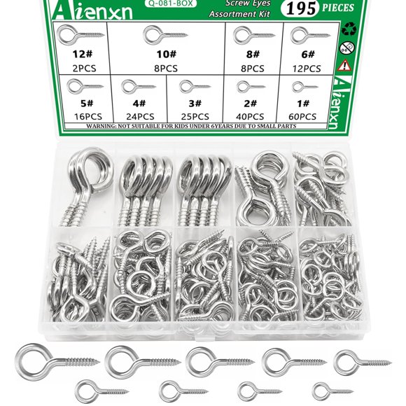 shiyou-195PCS Silver Eye Screws Assortment Kit- 0.75", 0.78", 0.90", 1", 1.1", 1.18", 1.39", 1.57", 1.75" Nickel Plated Small Eye Hooks Screw, Eyelet Screws, Eye Screws for Wood, Screw Eye